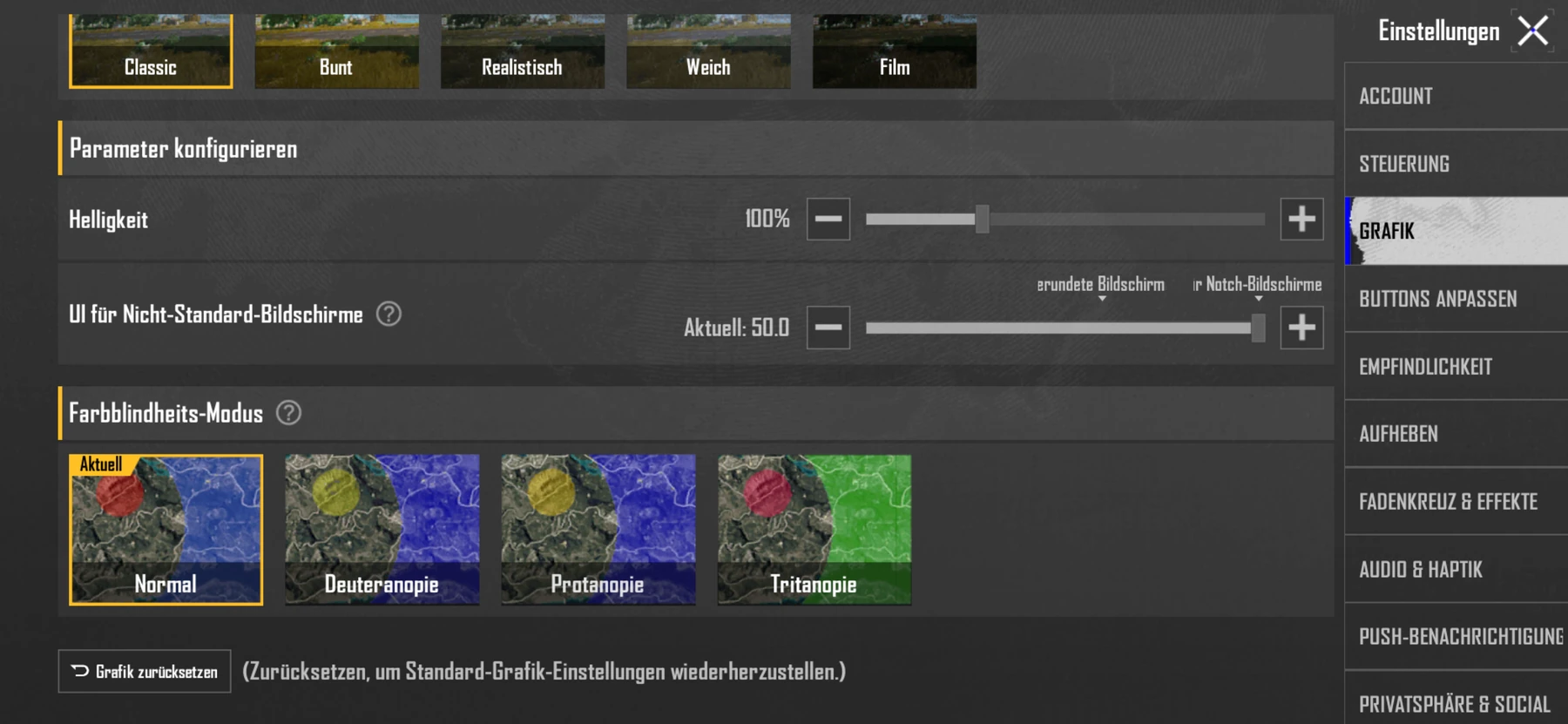 Deutsche PUBG MOBILE Grafikeinstellungen für Helligkeit, Bildschirmdarstellung und Farbblindheitsmodus