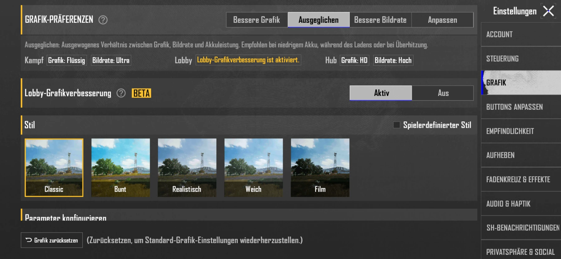 Deutsche PUBG MOBILE Grafik-Präferenzen mit Grafik- und Bildratenoptionen