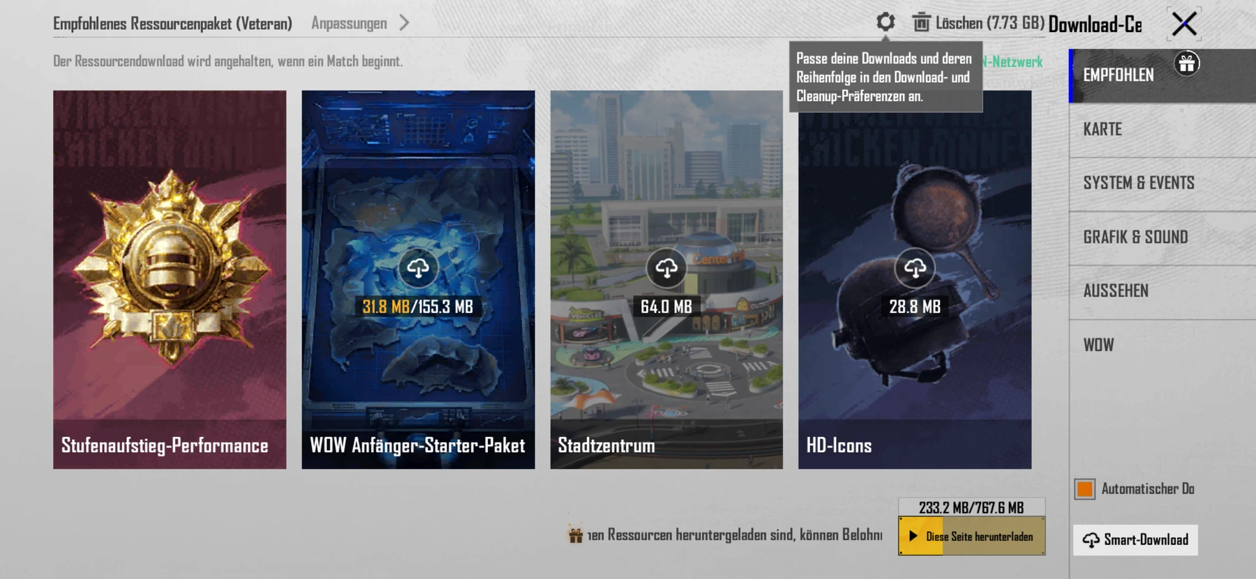 Deutsches PUBG MOBILE Download-Center mit Karten, Ressourcenpaketen und Smart-Download