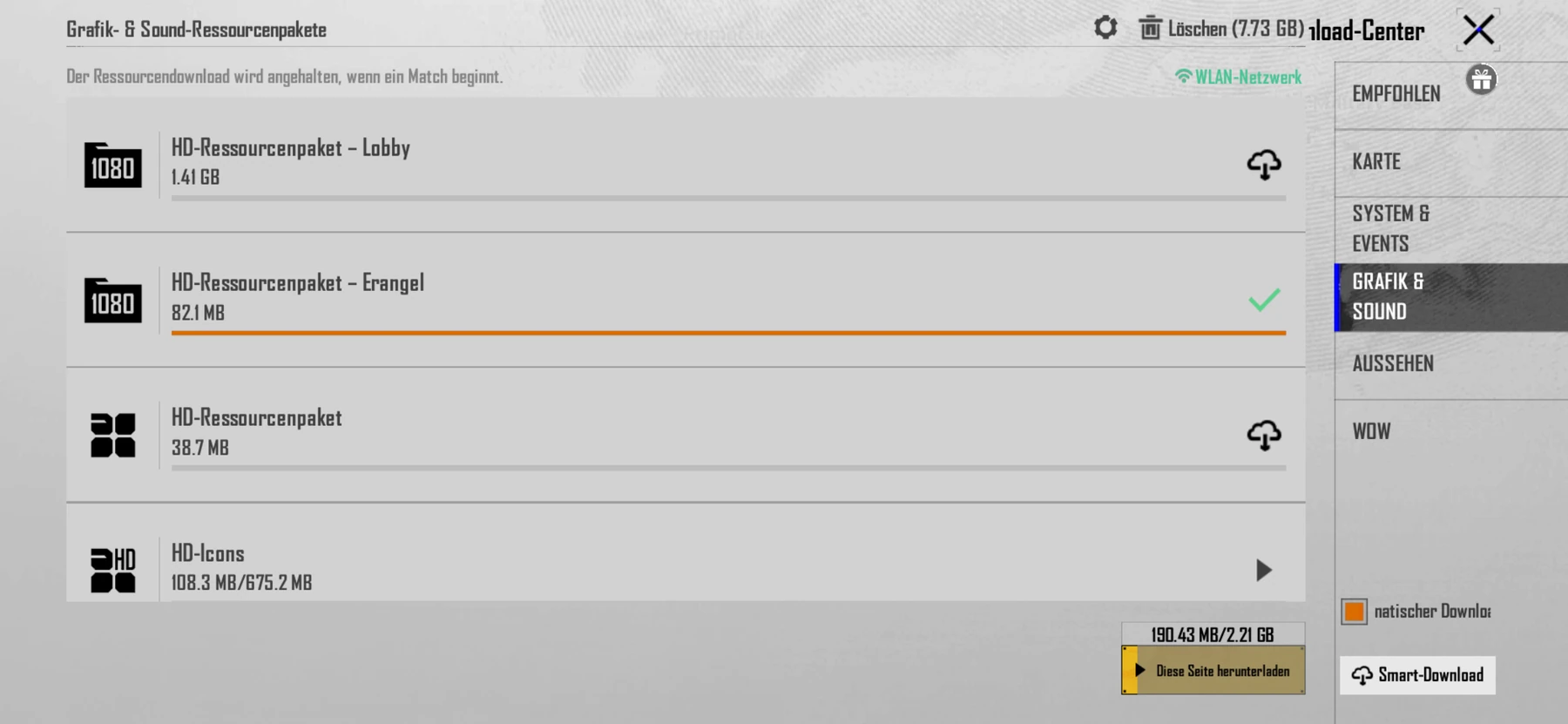 Grafik- und Sound-Ressourcenpakete im deutschen PUBG MOBILE Download-Center
