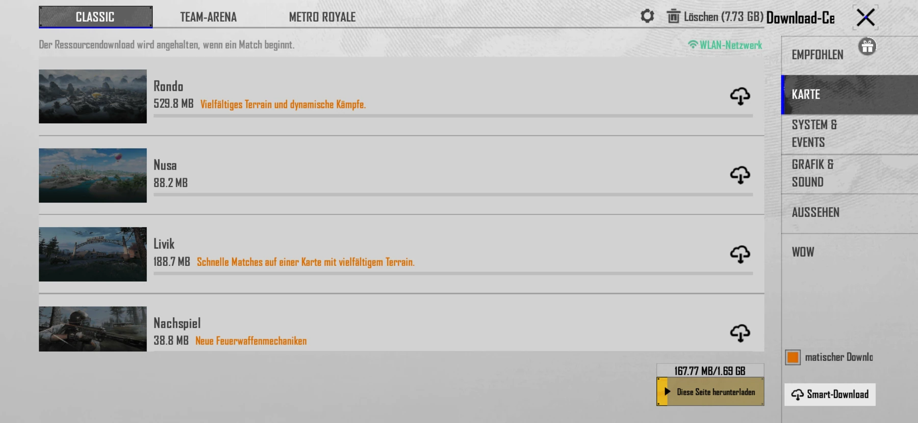PUBG MOBILE Download-Center mit einzeln verwaltbaren Karten im deutschen Client