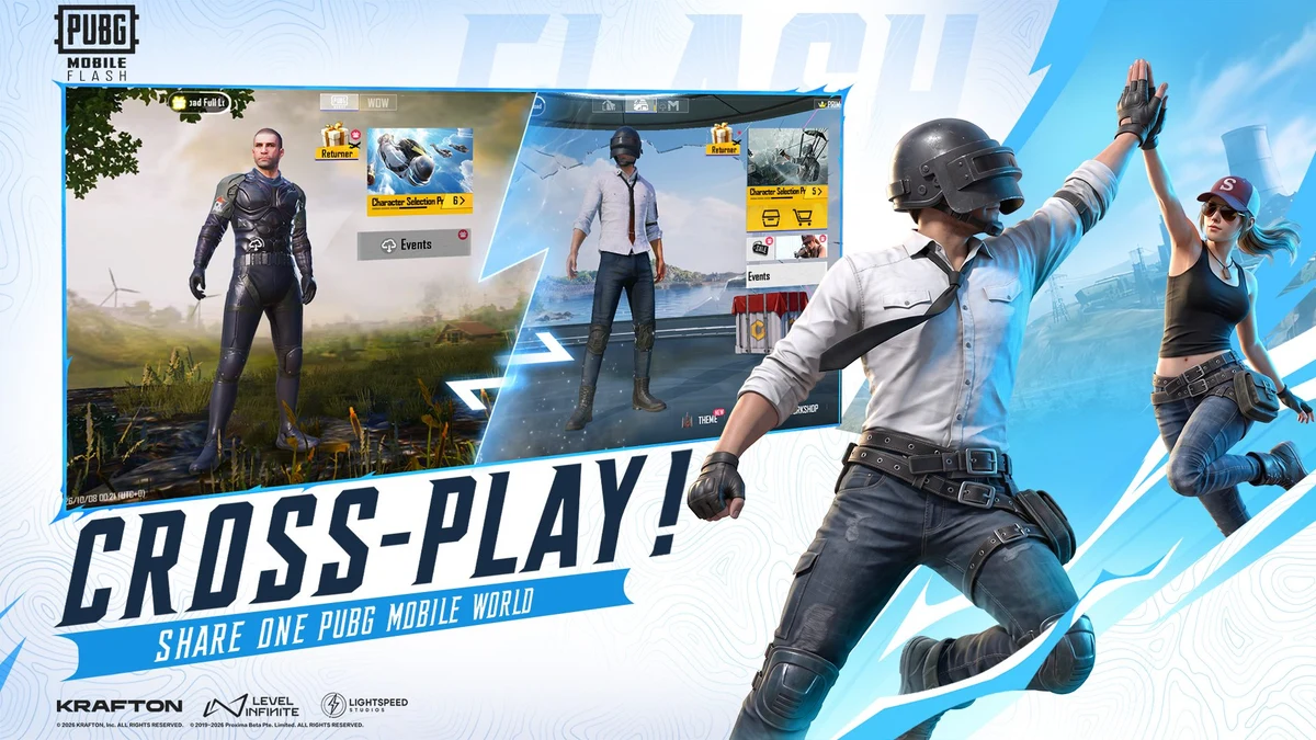 Official PUBG MOBILE FLASH cross-play image stating that players share one PUBG MOBILE world