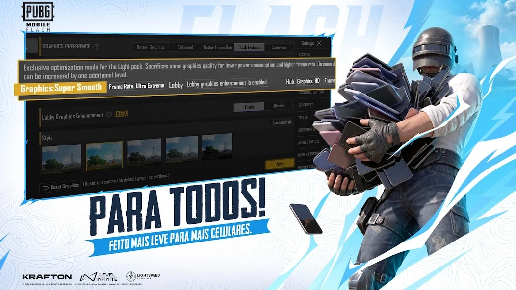 Imagem oficial em português mostrando o modo de otimização gráfica do PUBG MOBILE FLASH