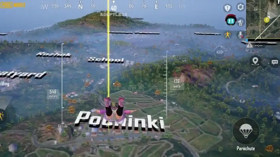 Gameplay de acesso antecipado do PUBG MOBILE FLASH mostrando a queda de paraquedas sobre Pochinki em Erangel