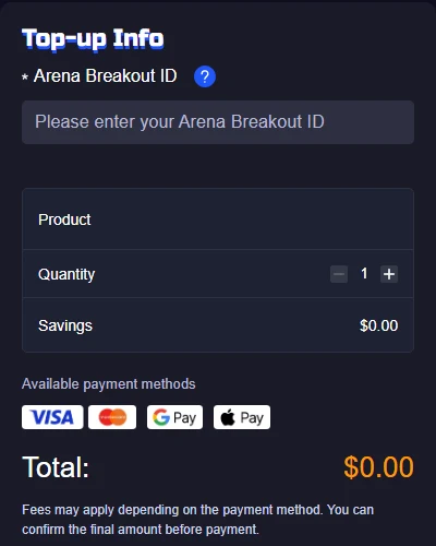 ManaBuy Arena Breakout Mobile top-up form showing the required Arena Breakout ID field