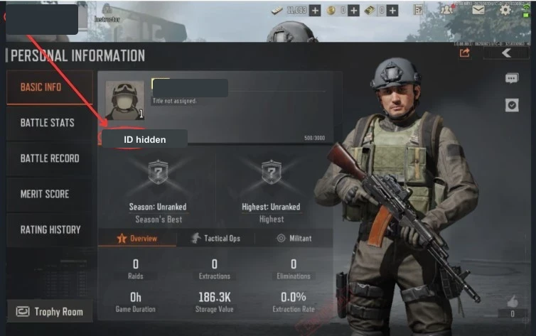 Arena Breakout Mobile Personal Info screen with account identifiers obscured