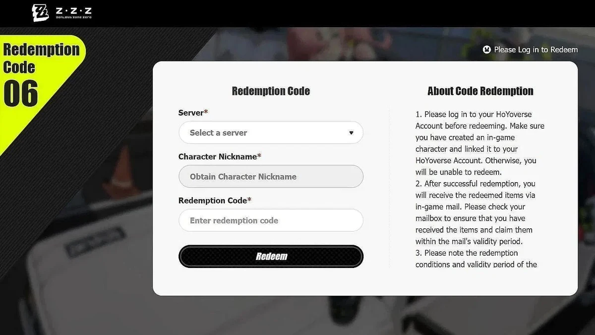 Official Zenless Zone Zero web redemption form showing server character and code fields