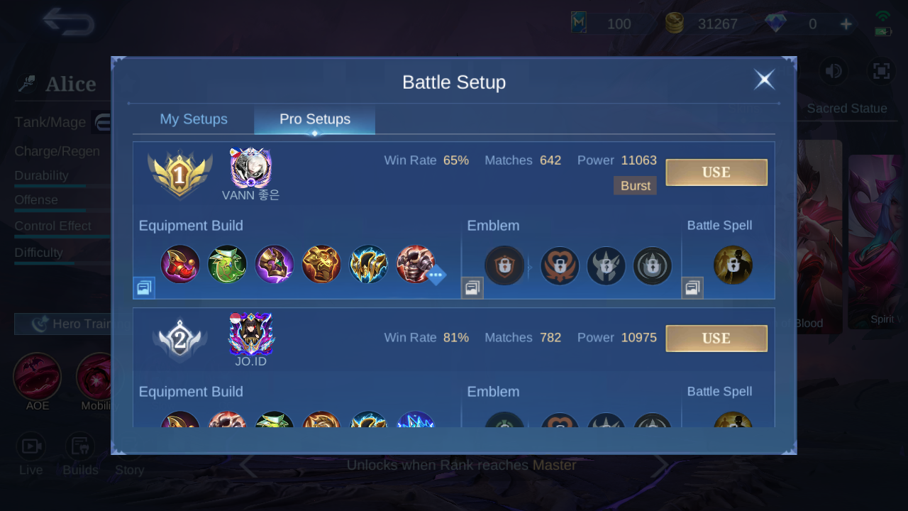 Alice Pro Setup rank 1 in-game build sample