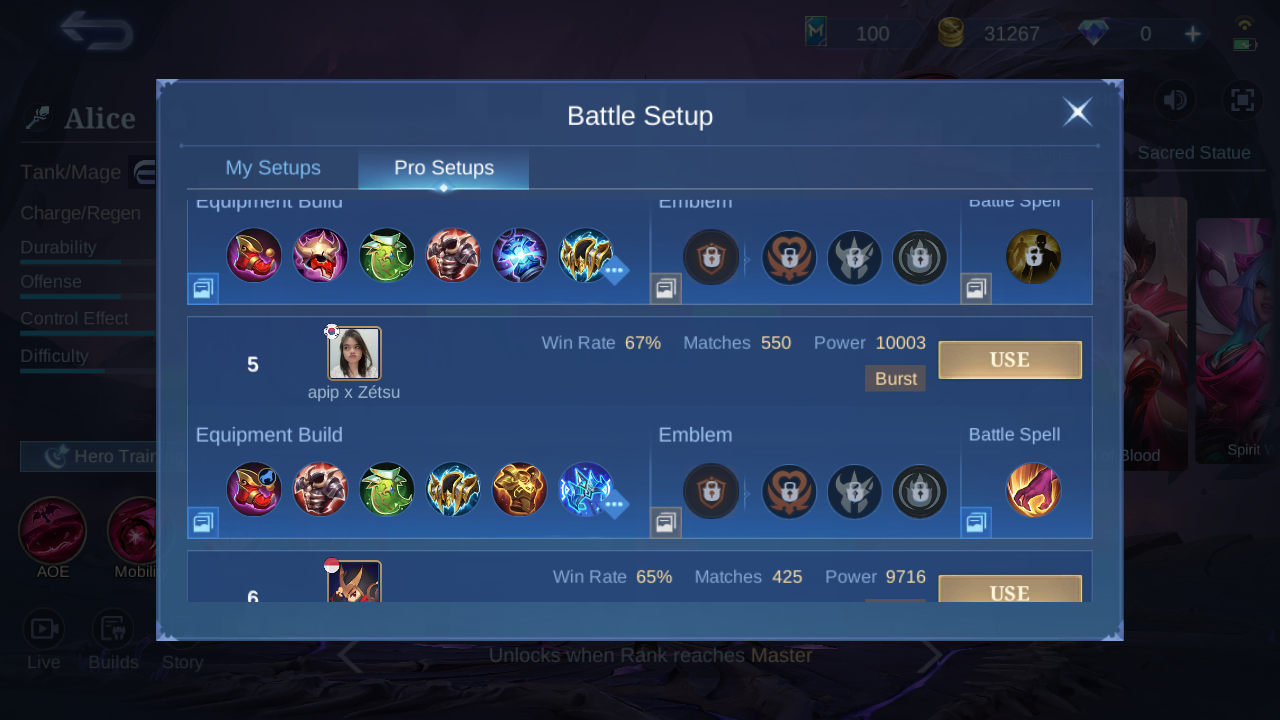 Alice Pro Setup rank 5 in-game build sample