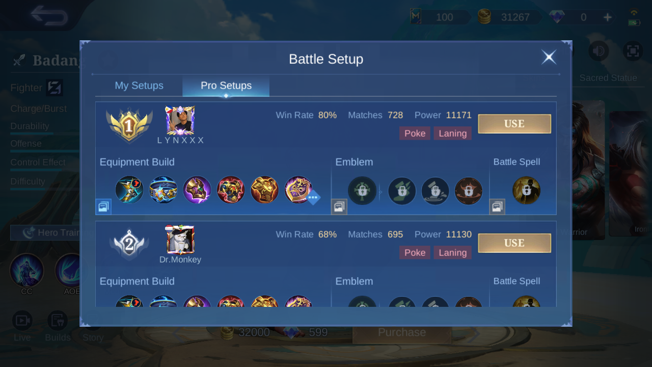 Badang Pro Setup rank 1 in-game build sample