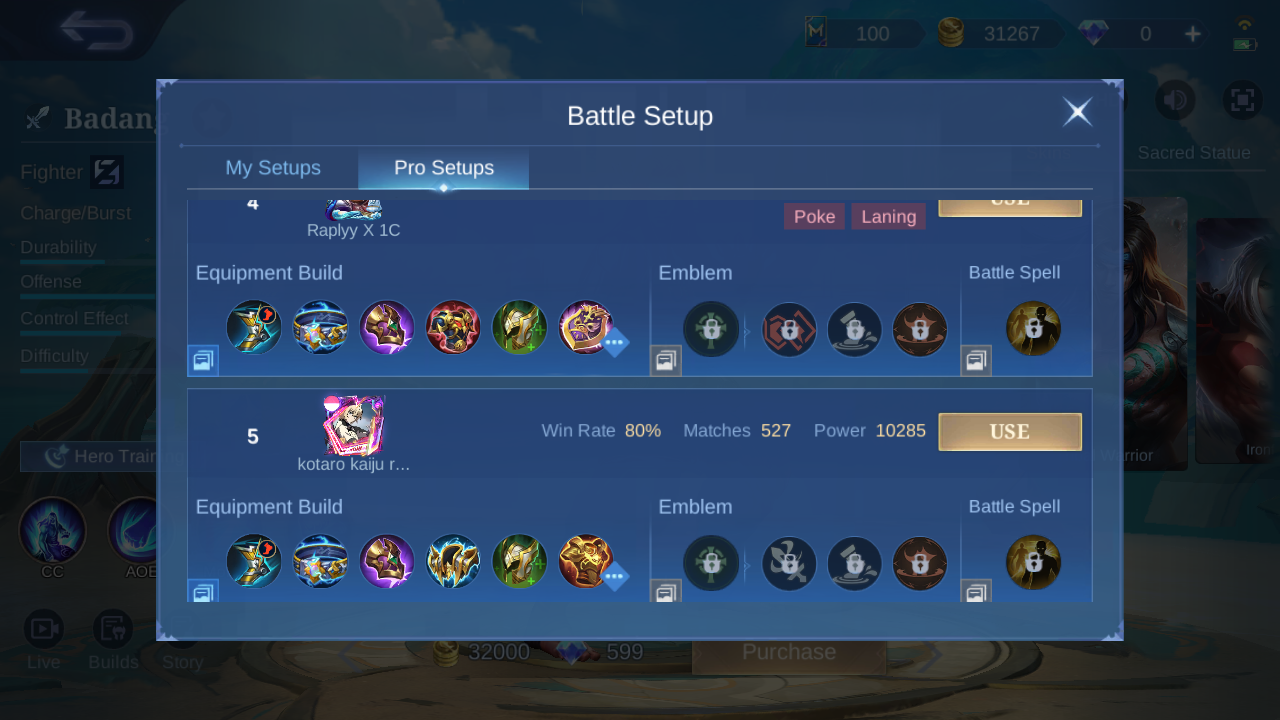 Badang Pro Setup rank 5 in-game build sample