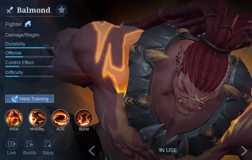Balmond hero page showing role specialty attribute bars and skill icons