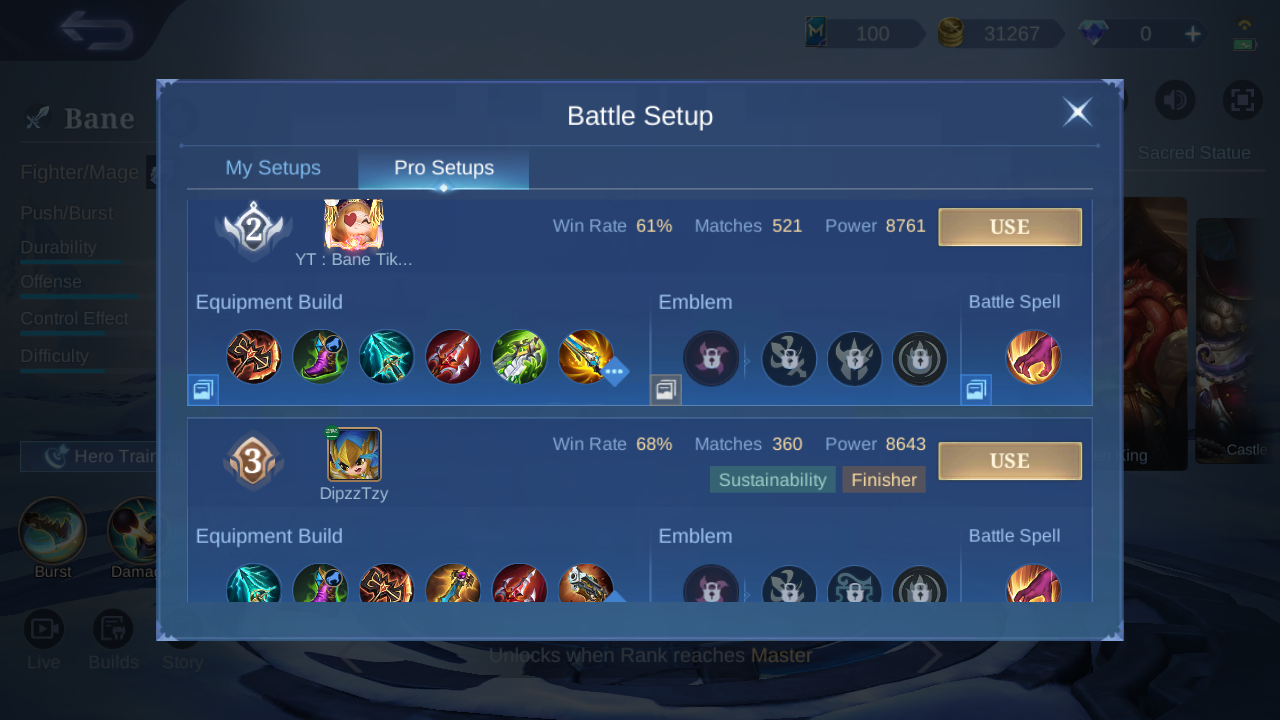 Bane Pro Setup rank 2 in-game build sample