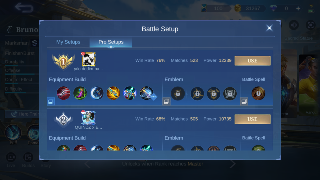 Bruno Pro Setup rank 1 in-game build sample