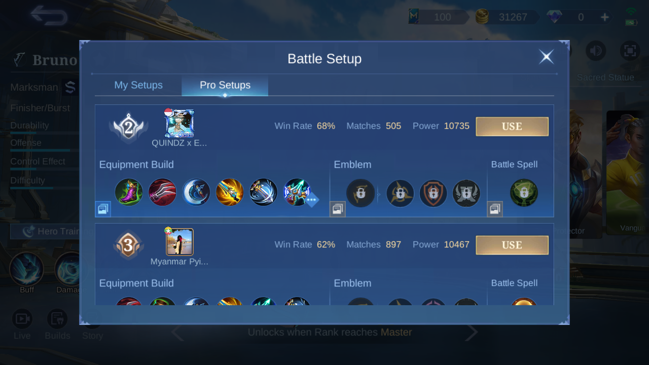 Bruno Pro Setup rank 2 in-game build sample