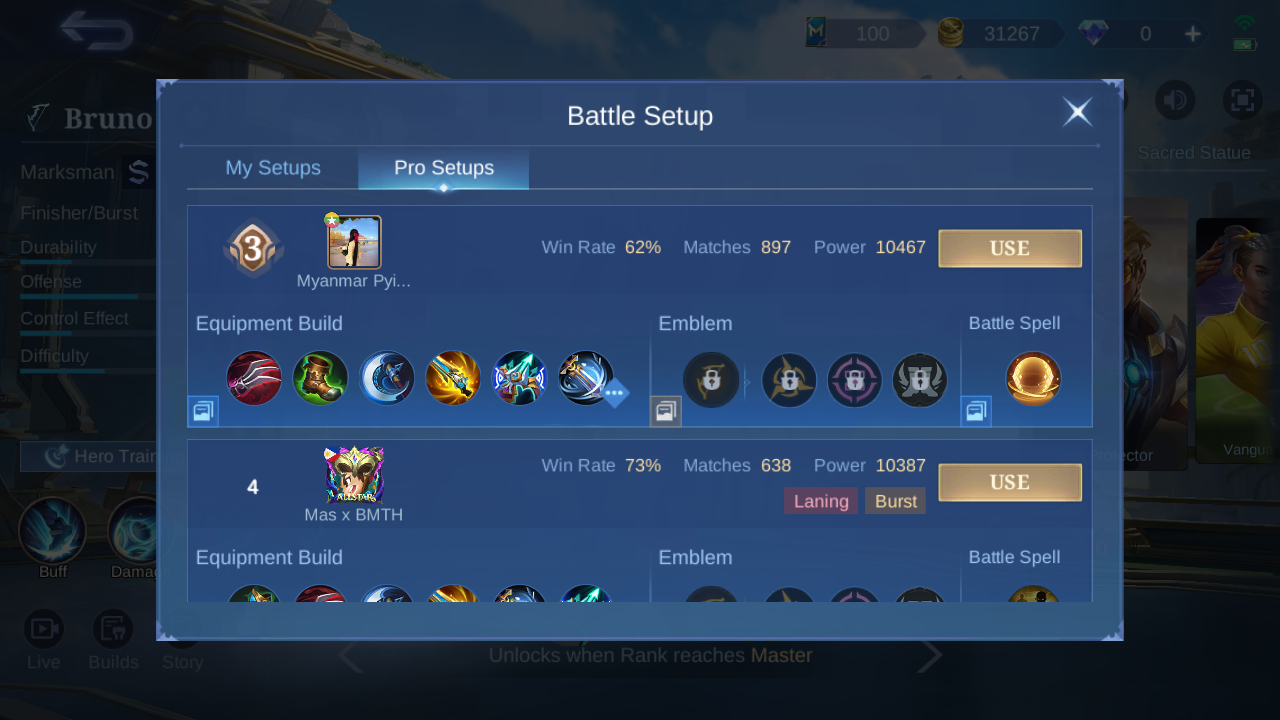 Bruno Pro Setup rank 3 in-game build sample
