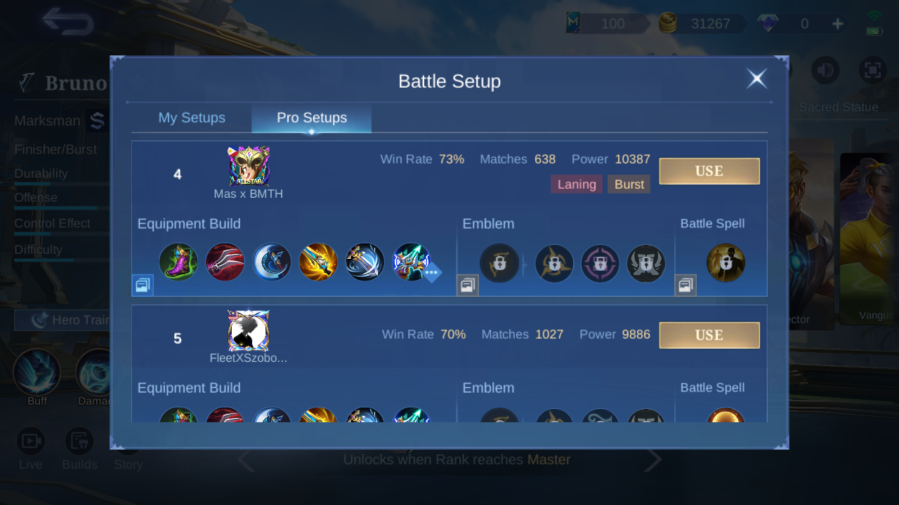 Bruno Pro Setup rank 4 in-game build sample