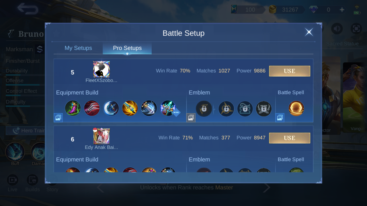Bruno Pro Setup rank 5 in-game build sample