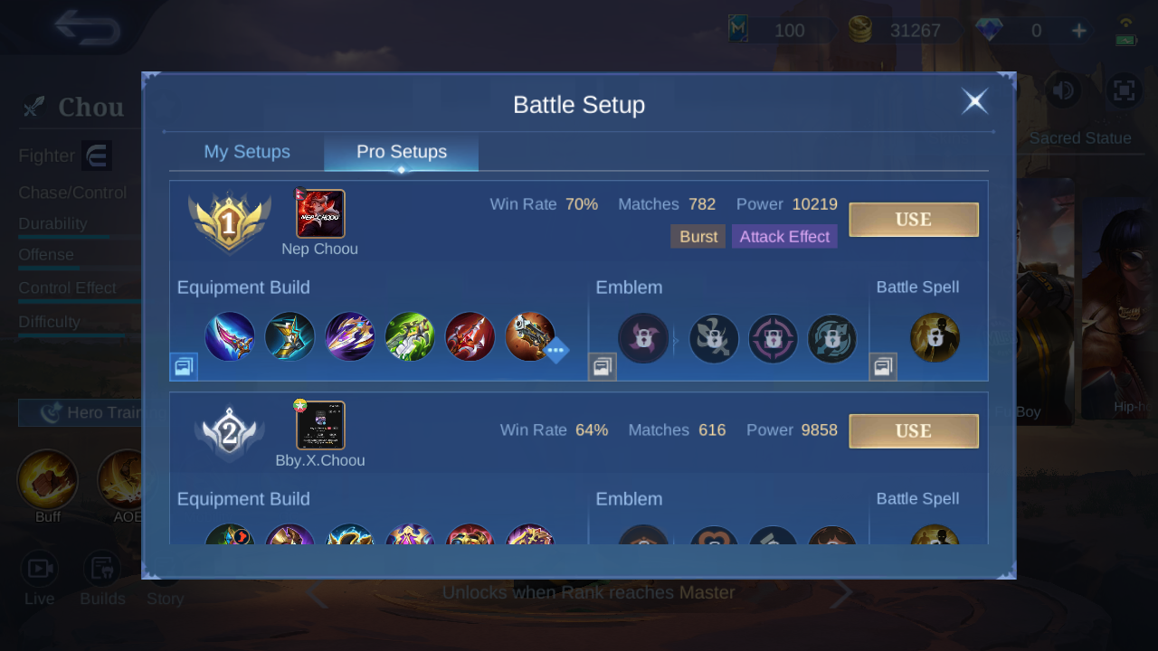 Chou ranks 1 and 2 in-game Pro Setup snapshot