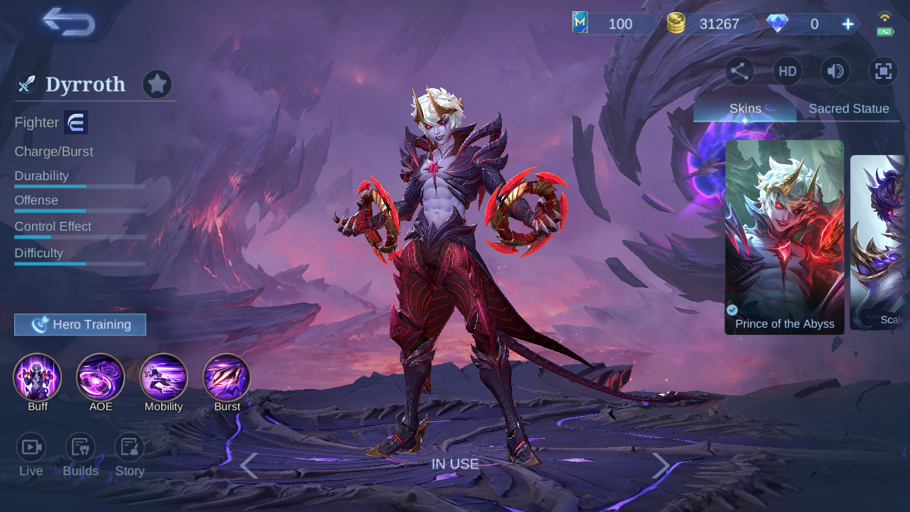 Dyrroth hero page in the MLBB English client