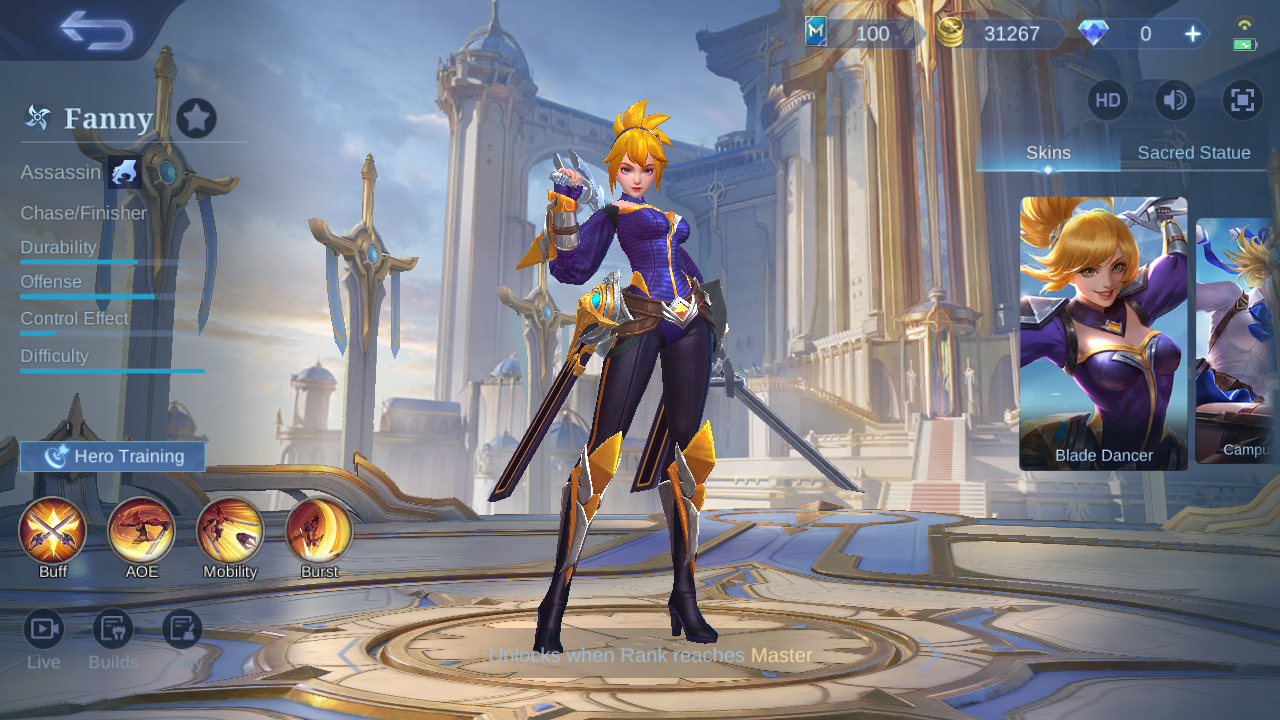 Current in-game Fanny hero overview showing Assassin role and Chase Finisher specialty