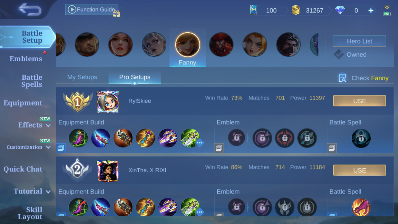 Current in-game Fanny Pro Setup rank 1 build sample