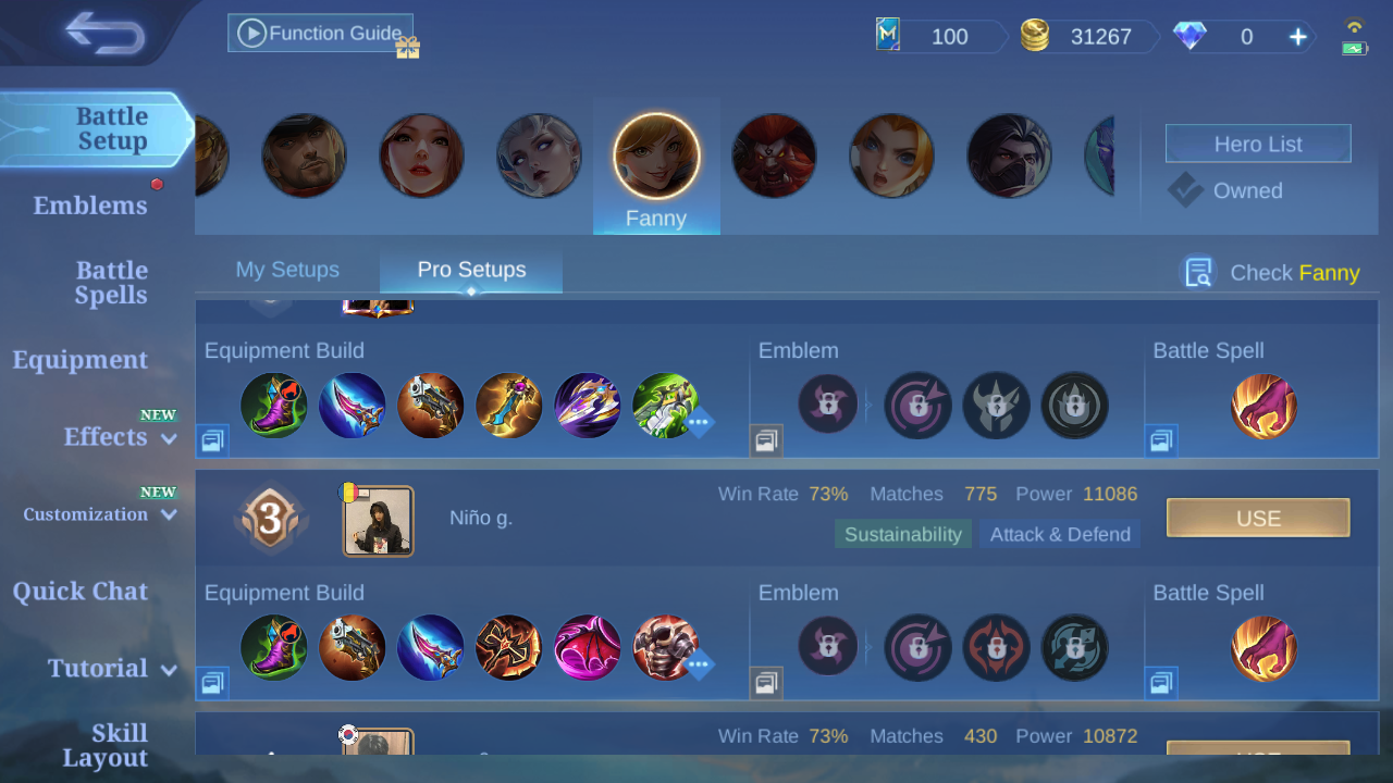 Current in-game Fanny Pro Setup rank 2 build sample