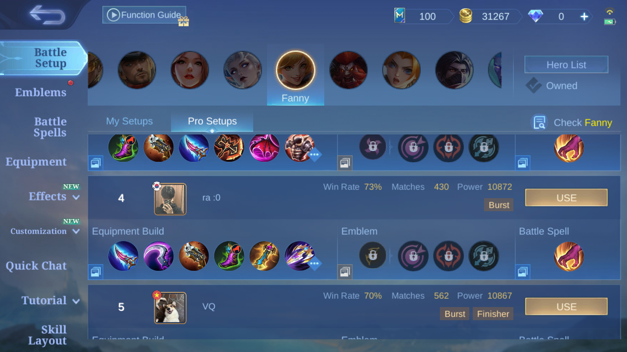 Current in-game Fanny Pro Setup rank 3 build sample