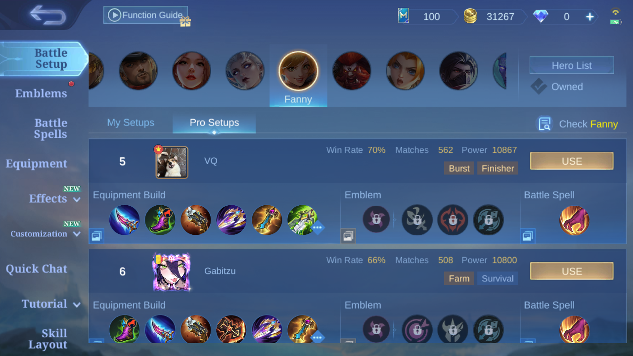 Current in-game Fanny Pro Setup rank 4 build sample