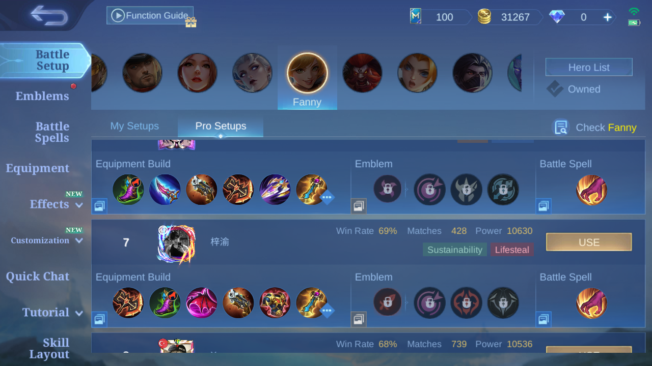 Current in-game Fanny Pro Setup rank 5 build sample