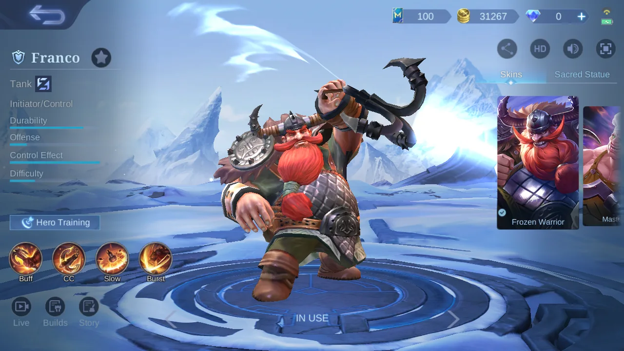 Franco hero page with Tank role Initiator and Control specialty and attributes
