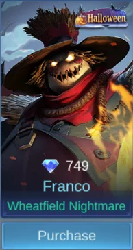 Franco Wheatfield Nightmare skin card and acquisition label