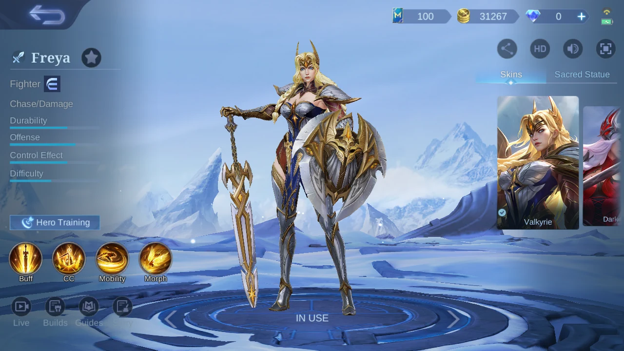 Freya hero page in the MLBB English client
