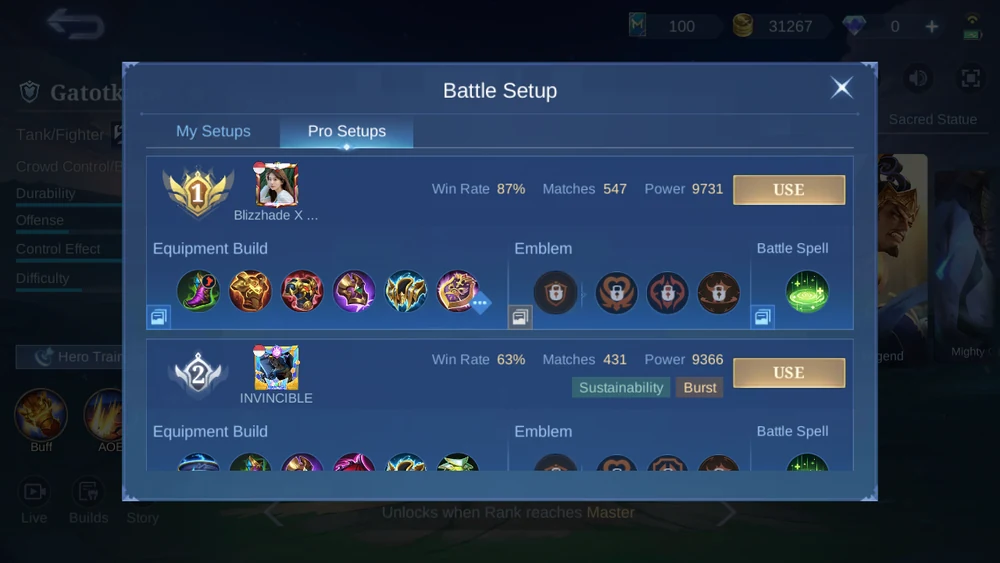 Gatotkaca in-game Pro Setup snapshot 1