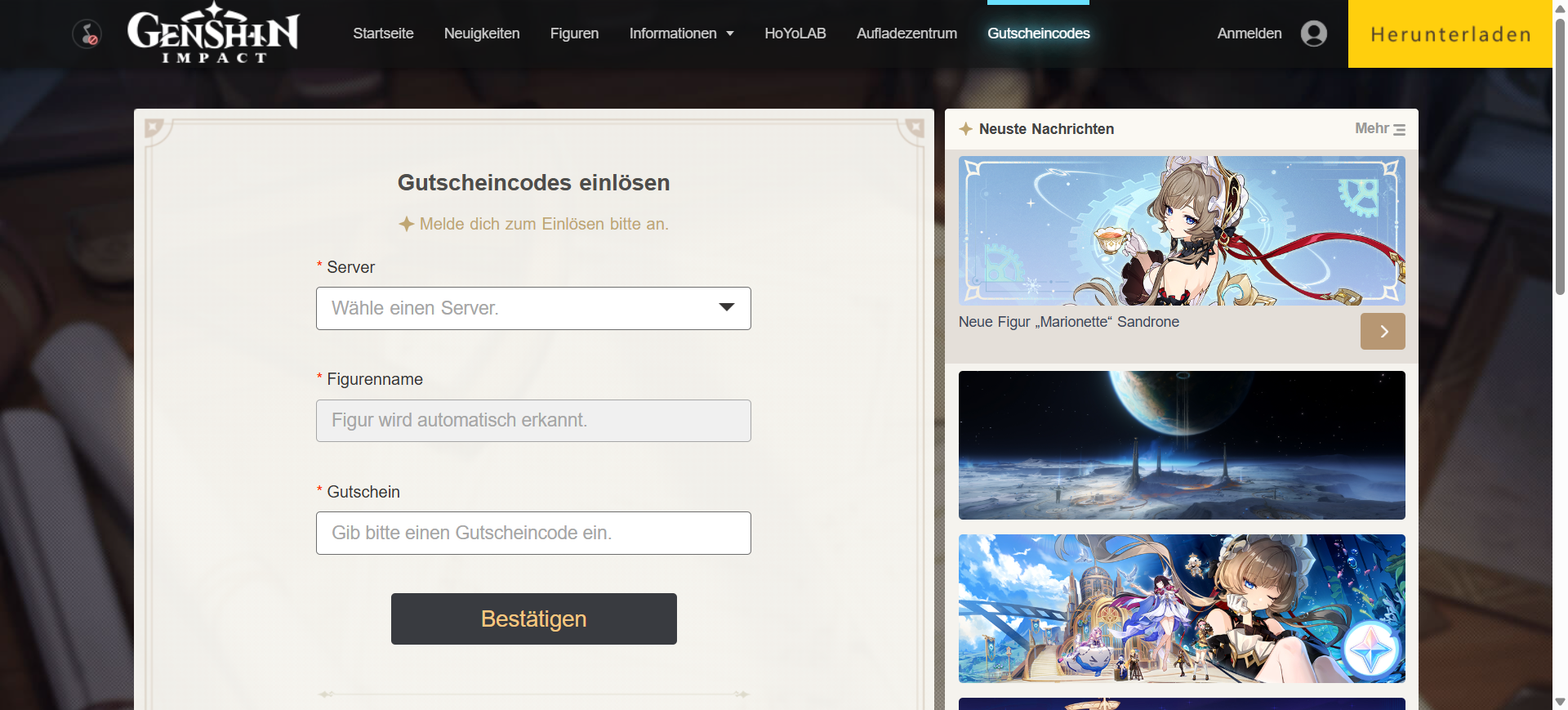 Genshin Impact Code-Einlöseseite mit Server- und Code-Feld