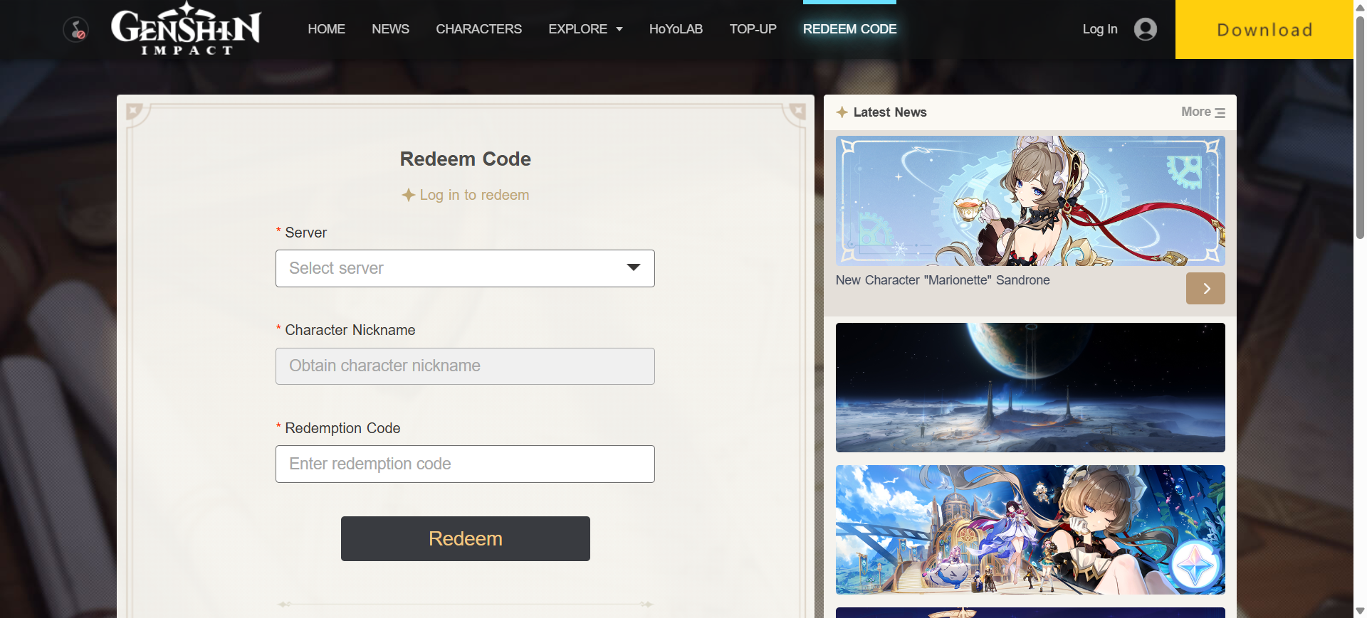 Genshin Impact code redemption page with server and redeem code fields