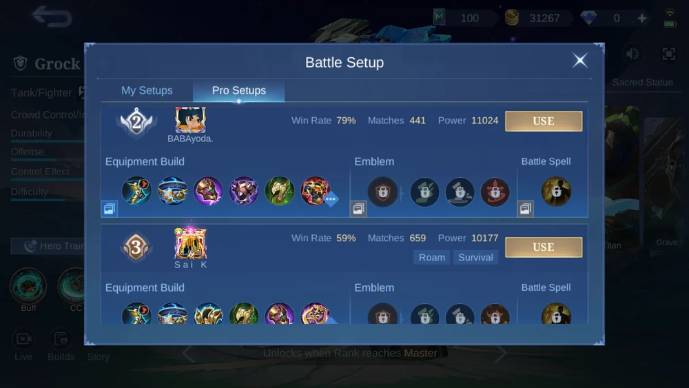 Grock Pro Setups ranked in-game snapshot 2