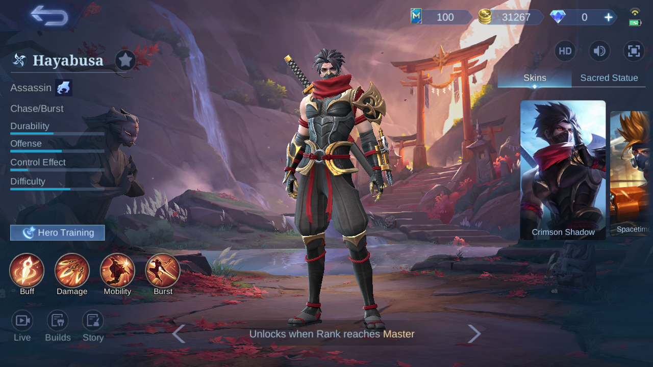Current in-game Hayabusa hero overview with Assassin role