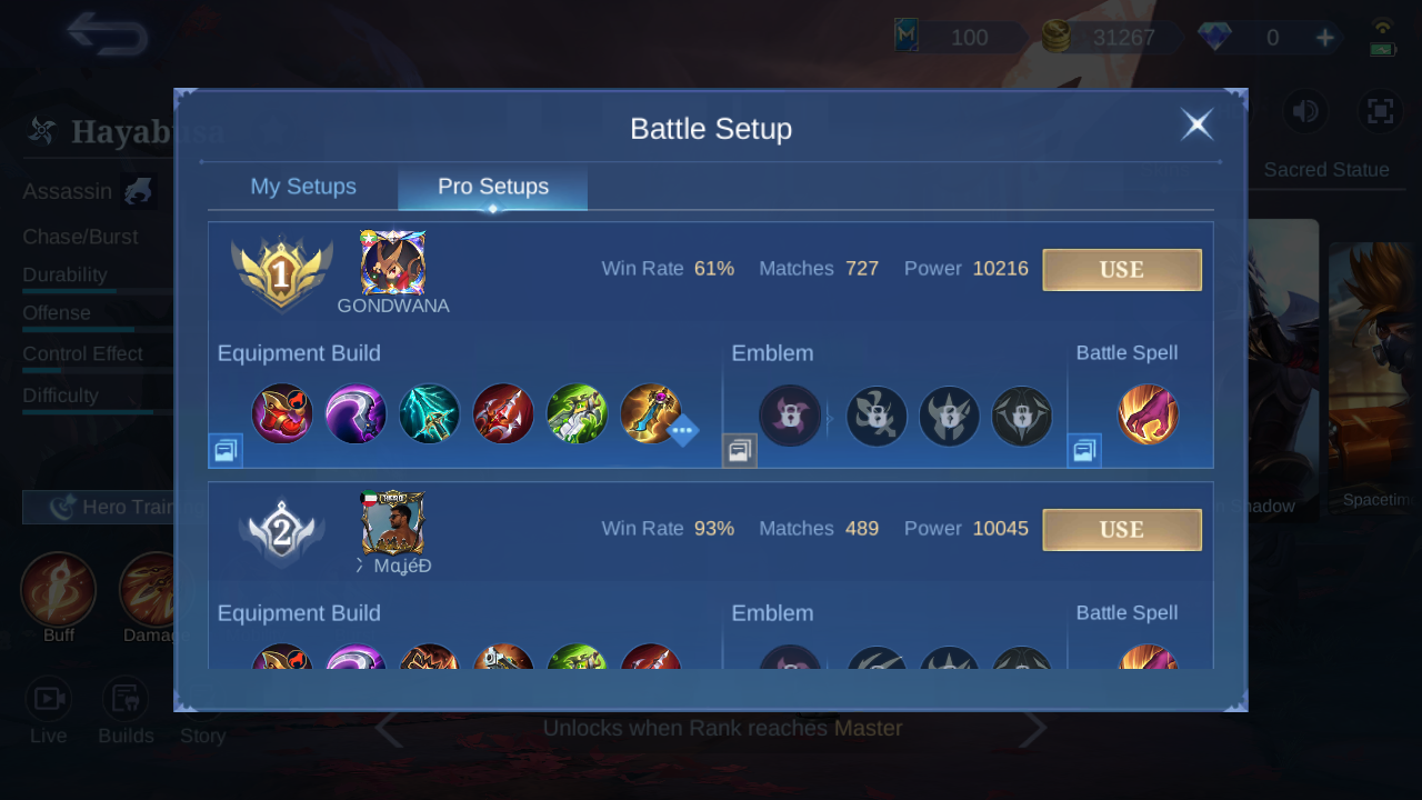Current in-game Hayabusa Pro Setup rank 1 snapshot