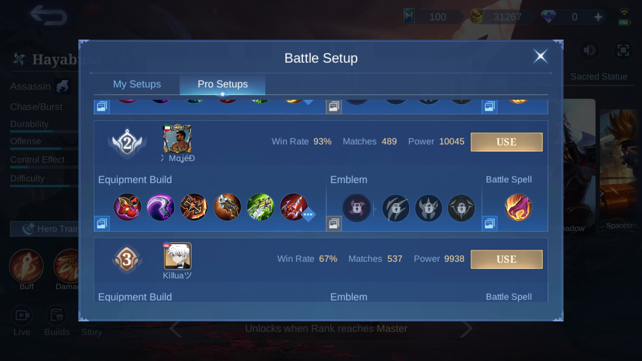 Current in-game Hayabusa Pro Setup rank 2 snapshot