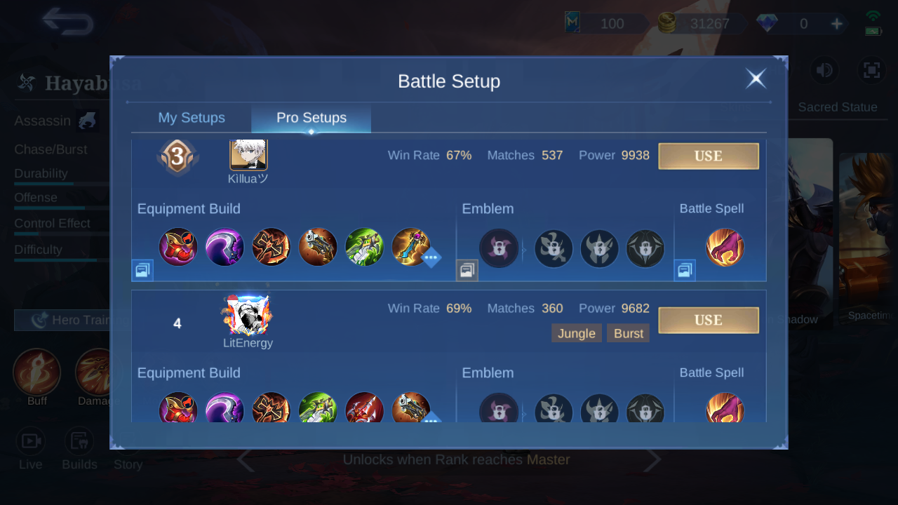 Current in-game Hayabusa Pro Setup rank 3 snapshot