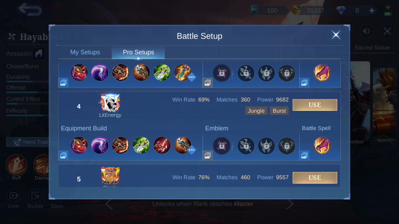 Current in-game Hayabusa Pro Setup rank 4 snapshot