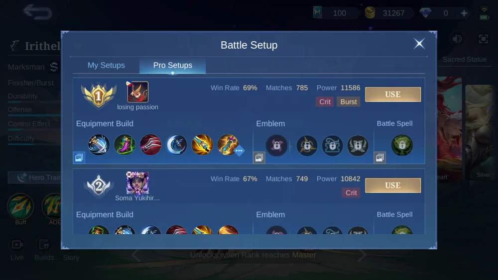 Irithel Pro Setups ranked in-game snapshot 1