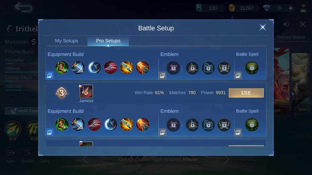 Irithel Pro Setups ranked in-game snapshot 2