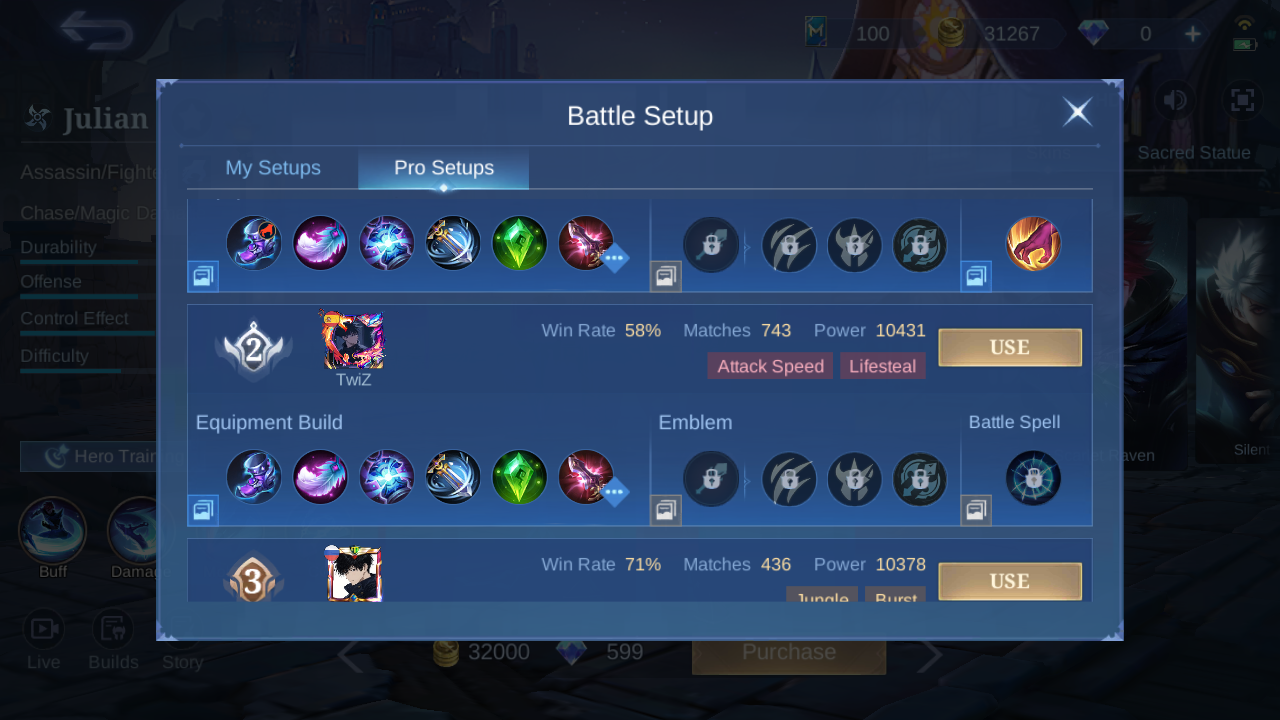 Julian Pro Setup rank 2 in-game build sample