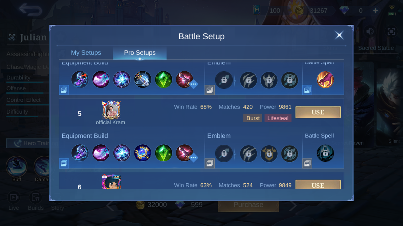 Julian Pro Setup rank 5 in-game build sample