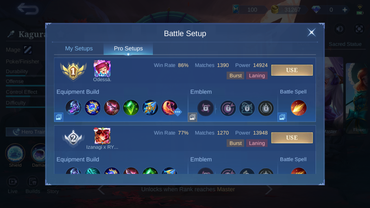 Kagura ranks 1 and 2 in-game Pro Setup snapshot