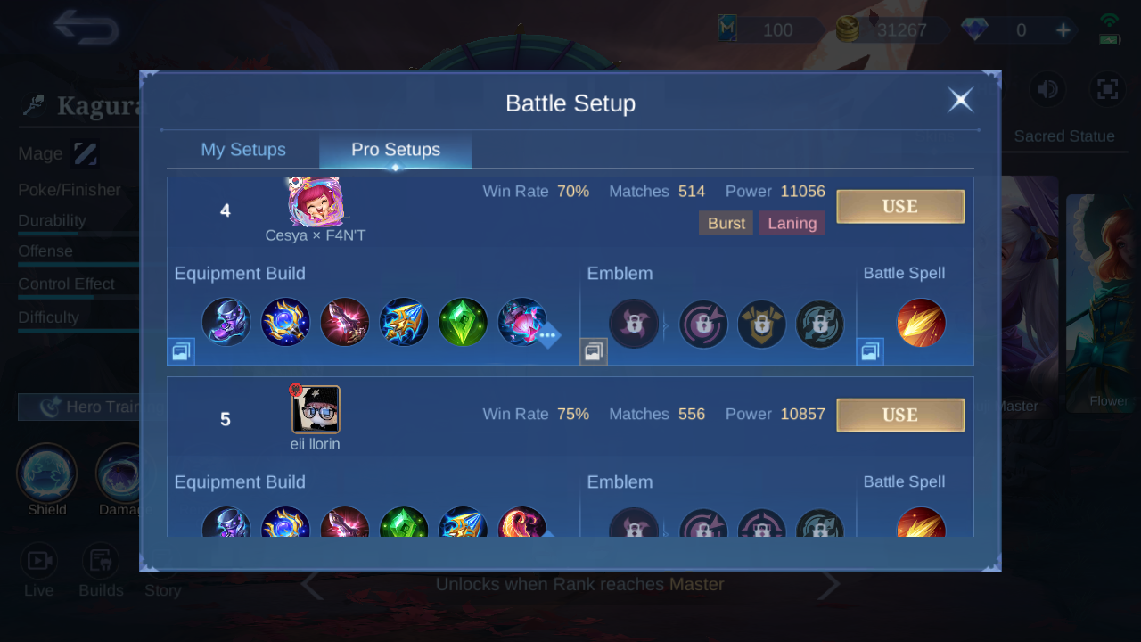 Kagura ranks 4 and 5 in-game Pro Setup snapshot