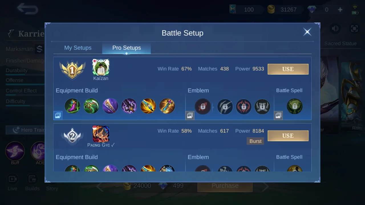 Karrie Pro Setup rank 1 in-game build sample