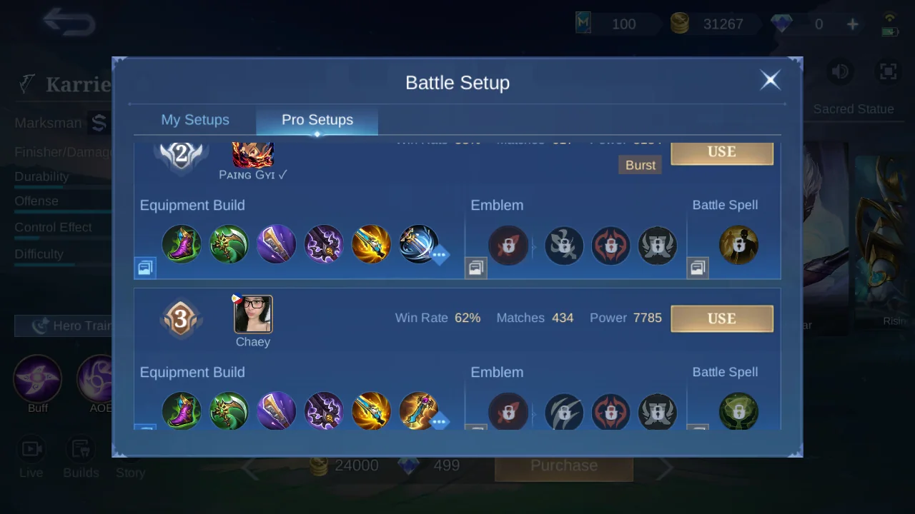 Karrie Pro Setup rank 2 in-game build sample